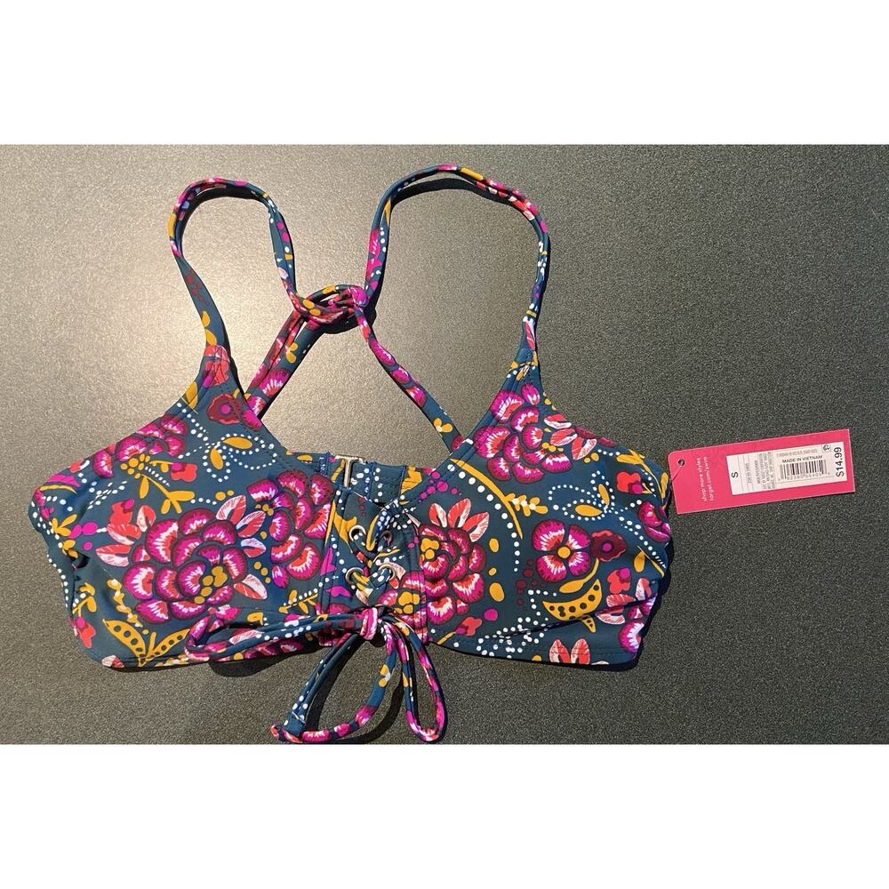 Xhilaration Green Floral Racerback Lace Up Bralette Bikini Top Size Small NWT